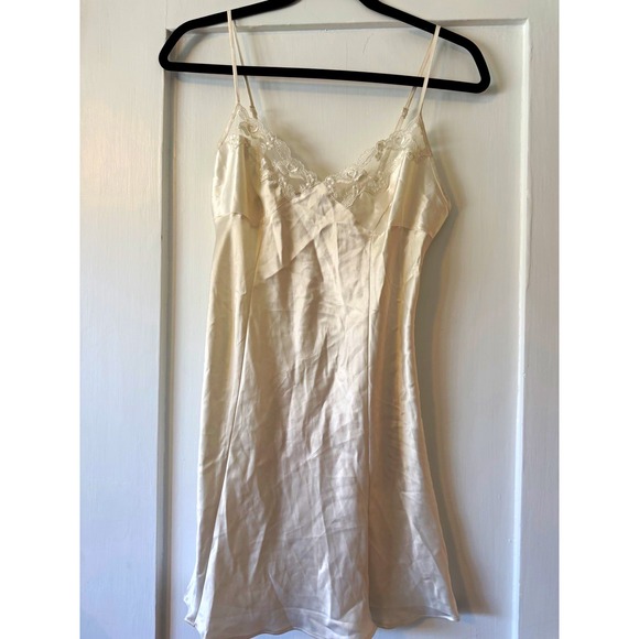 Victoria's Secret Other - Victoria's Secret Vintage Y2K Ivory Satin Slip Dress Lace Trim Open Back Small